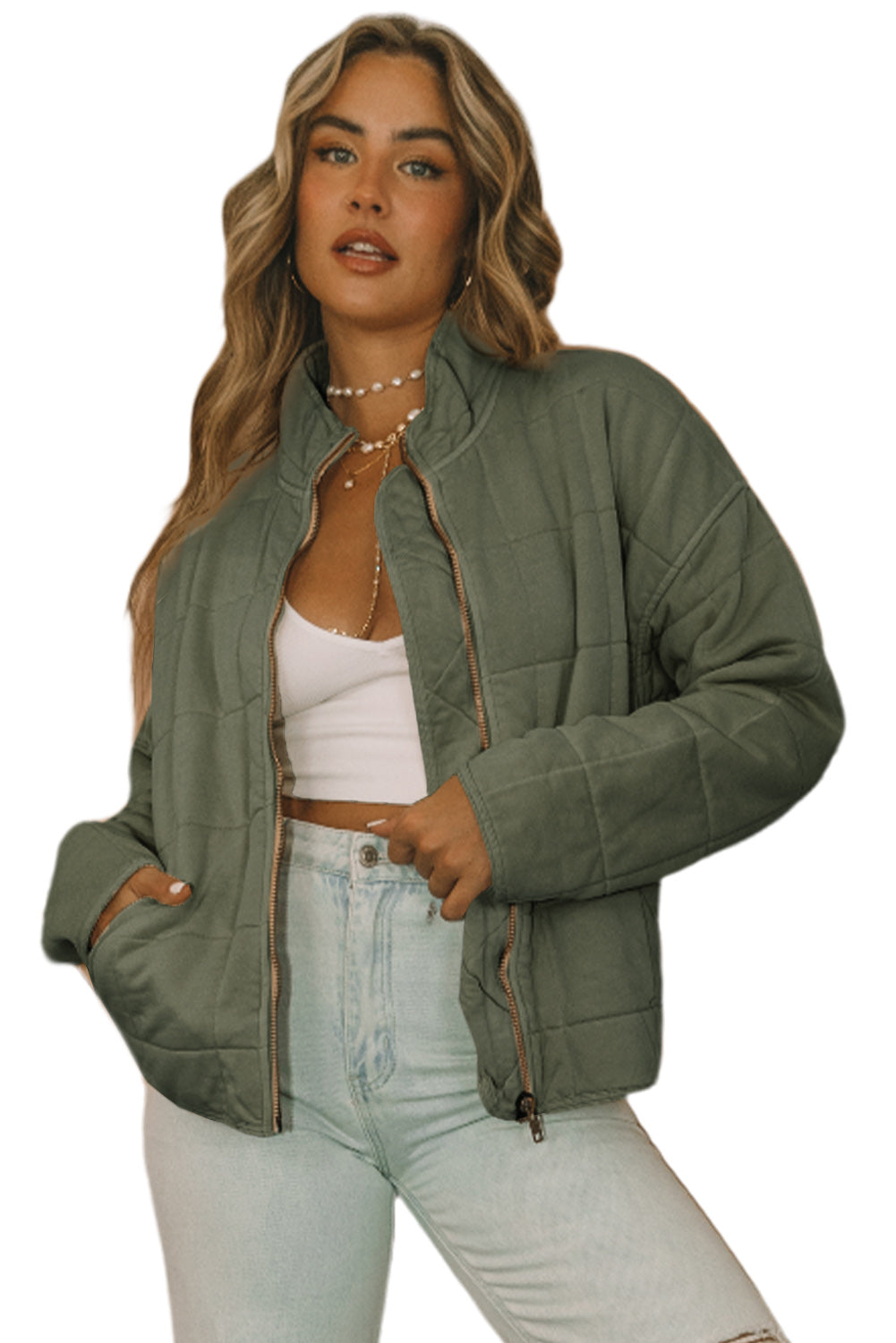 Green Zip Up Pocket Quilted Cropped Jacket