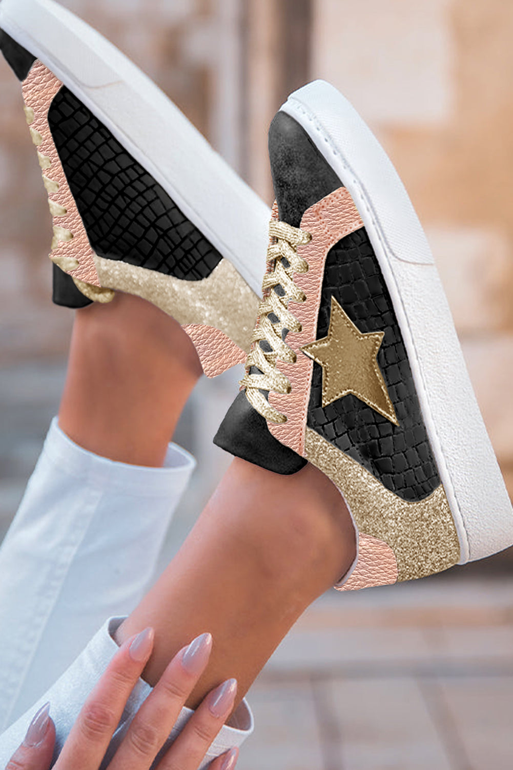 Dearlove Gold Glitter Star Patchwork PU Leather Lace-up Sneakers