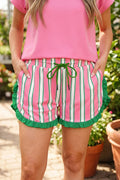Pink Stripe Contrast Ruffle Trim Shorts
