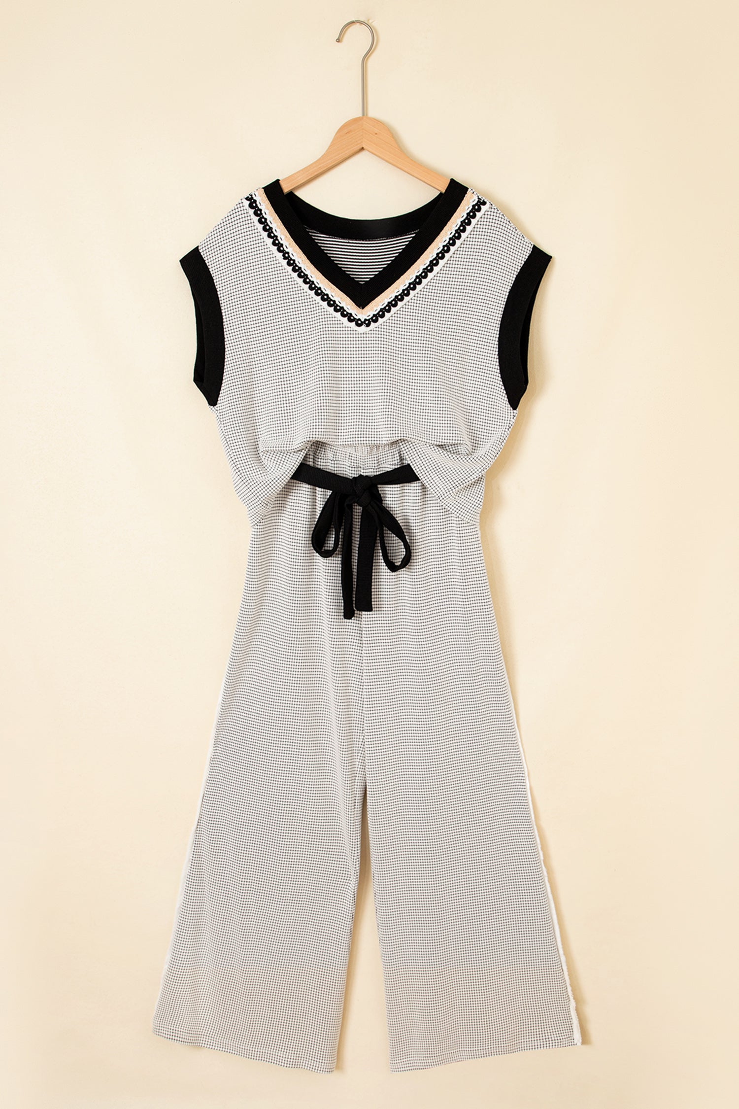 Beige Stylish Knit Lace Colorblock Trim V Neck Tank Drawstring Wide Leg Pants Set