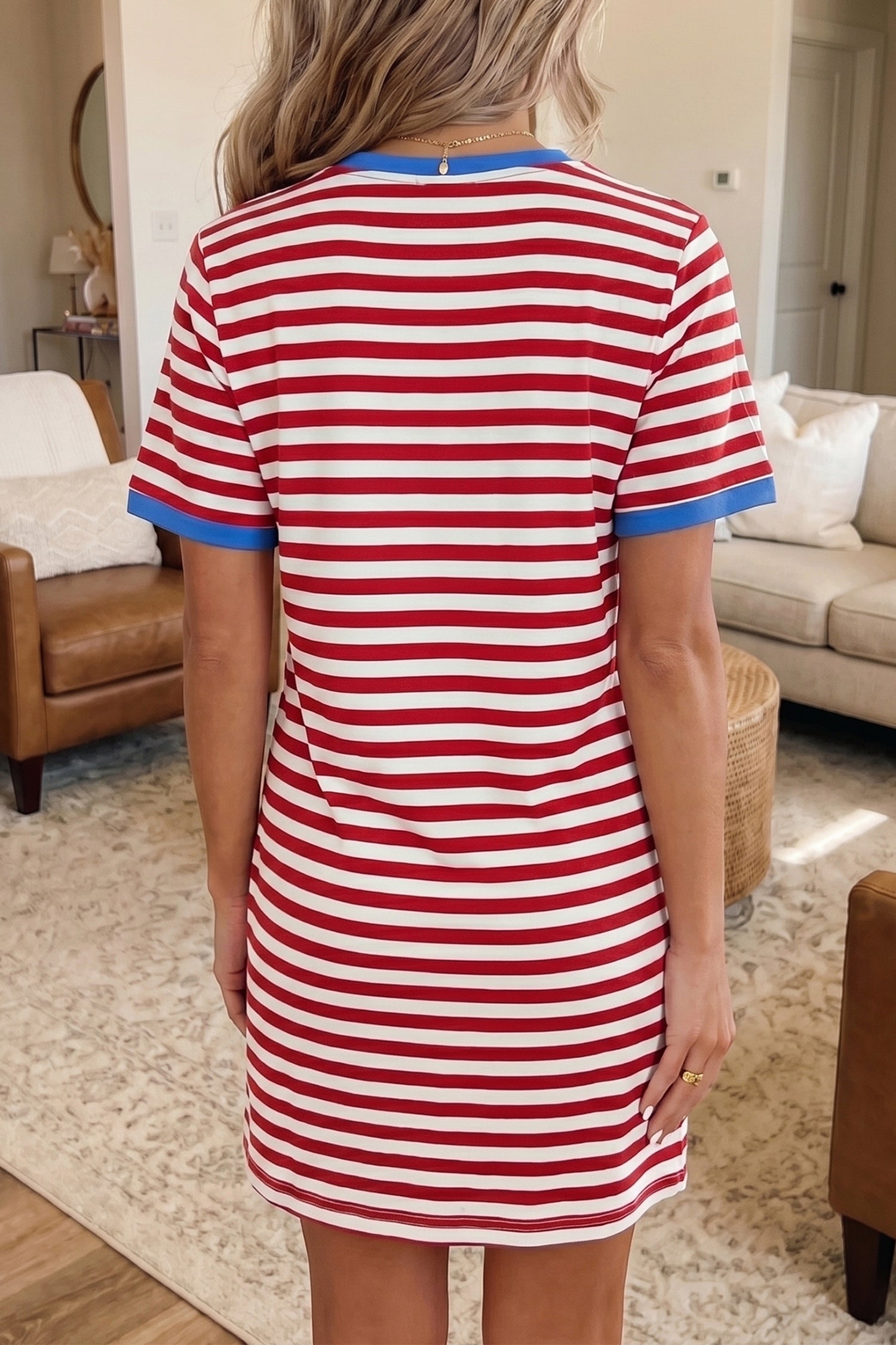 Green Stripe Nautical Tie Contrast Trim Round Neck T Shirt Mini Dress