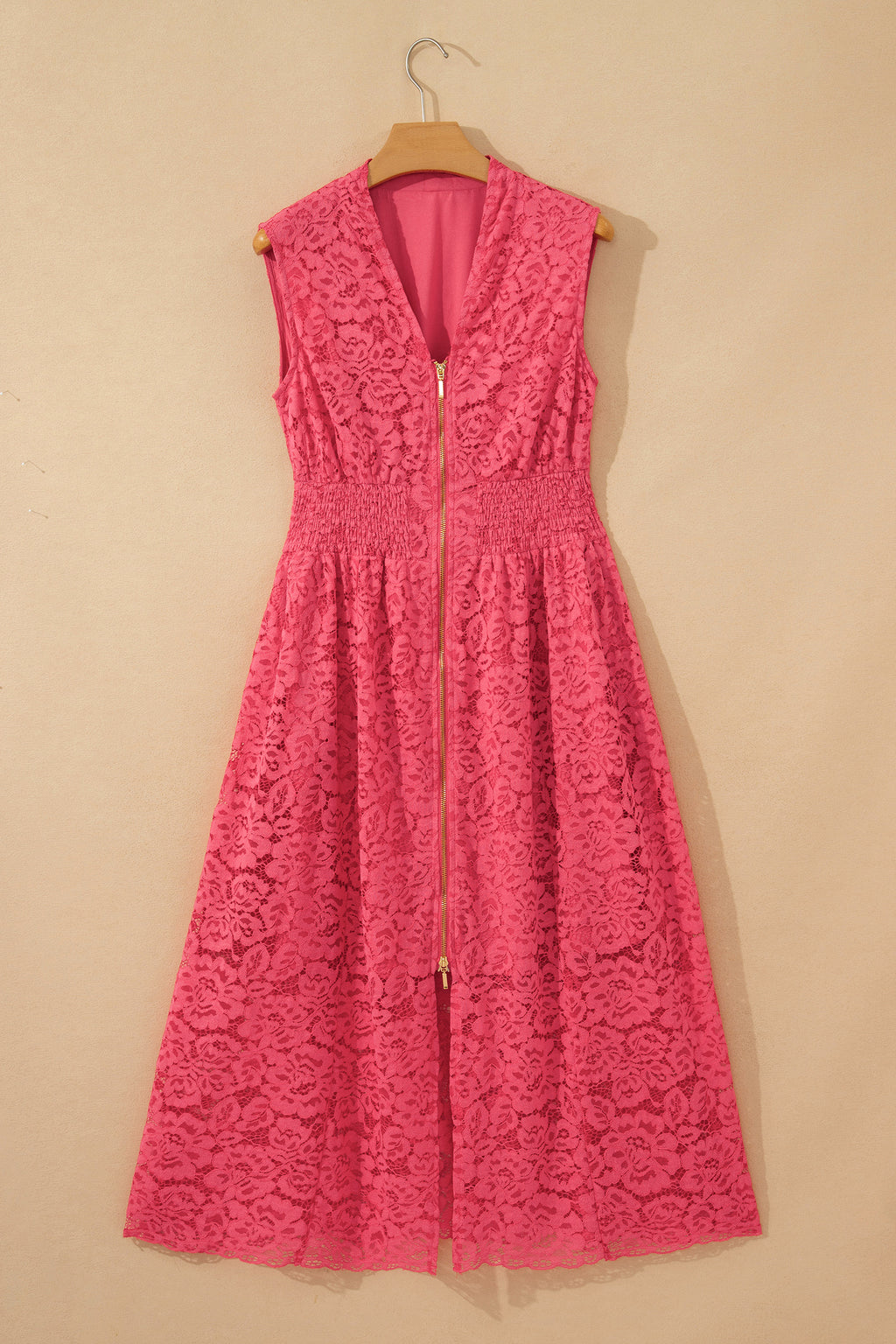 Coral Floral Lace Overlay Zip Up V Neck Smocked Waist Sleeveless Dress