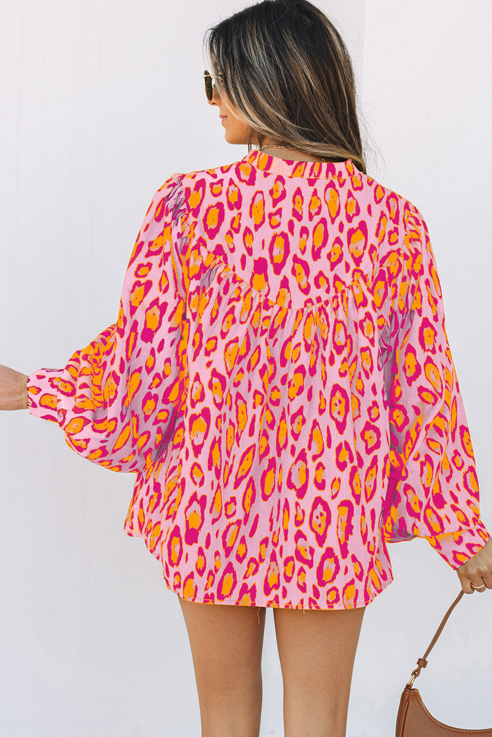 Jet Stream Oversized Leopard Print Balloon Sleeve Casual Shirt