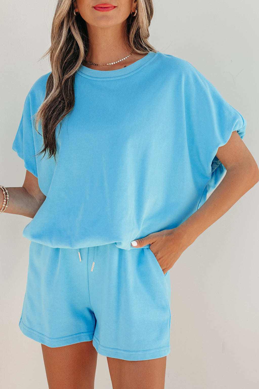 Smoke Gray Solid Color Puffy Loose Top Drawstring Shorts 2pcs Outfit
