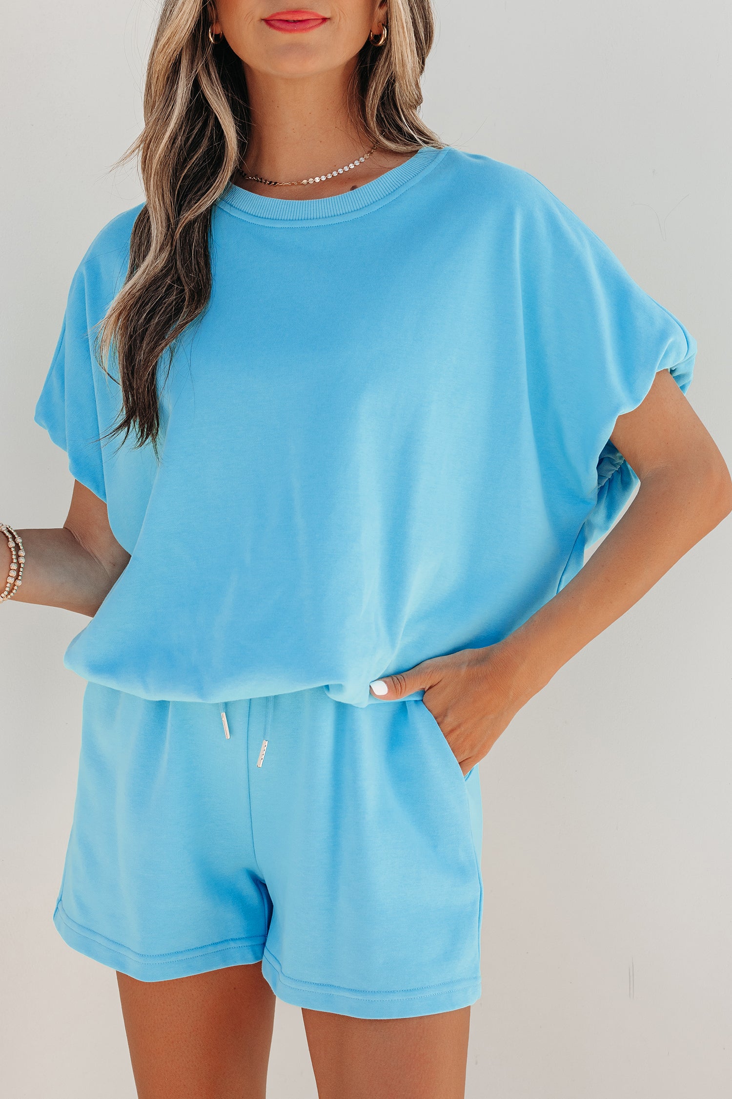 Smoke Gray Solid Color Puffy Loose Top Drawstring Shorts 2pcs Outfit