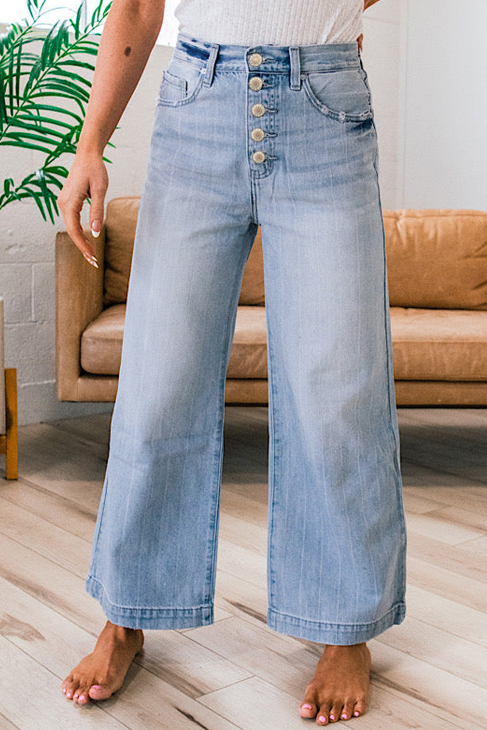 Beau Blue Multi Buttons Wide Leg Jeans