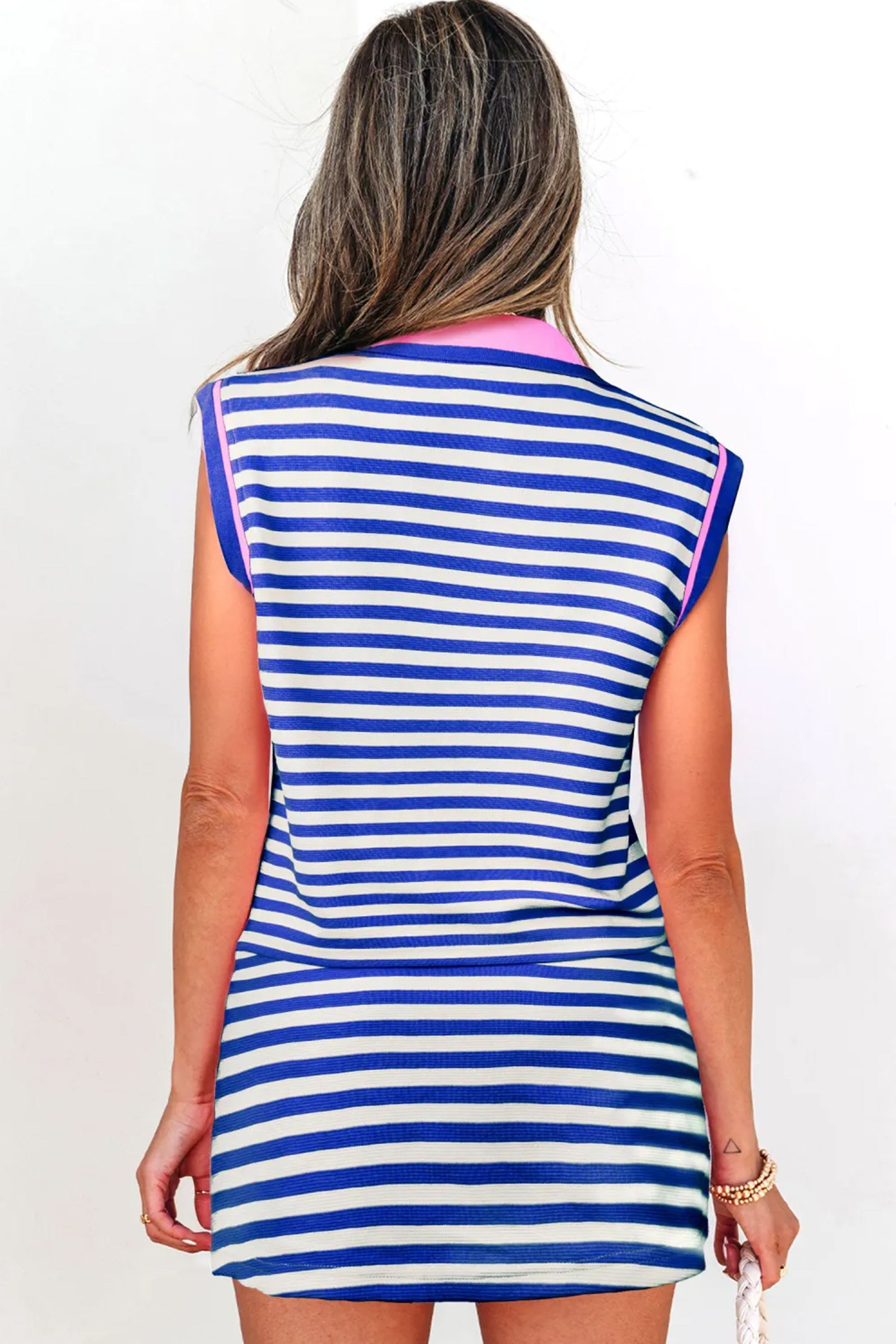 Sachet Pink Textured Stripe Print Contrast Trim Zip Collar Sleeveless 2pcs Skort Set