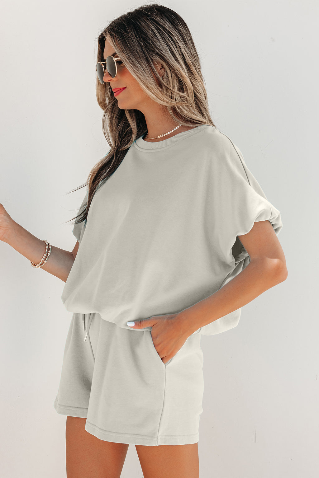 Smoke Gray Solid Color Puffy Loose Top Drawstring Shorts 2pcs Outfit