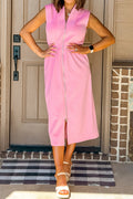 Pink V Neck Sleeveless Double Zip Shift Midi Dress