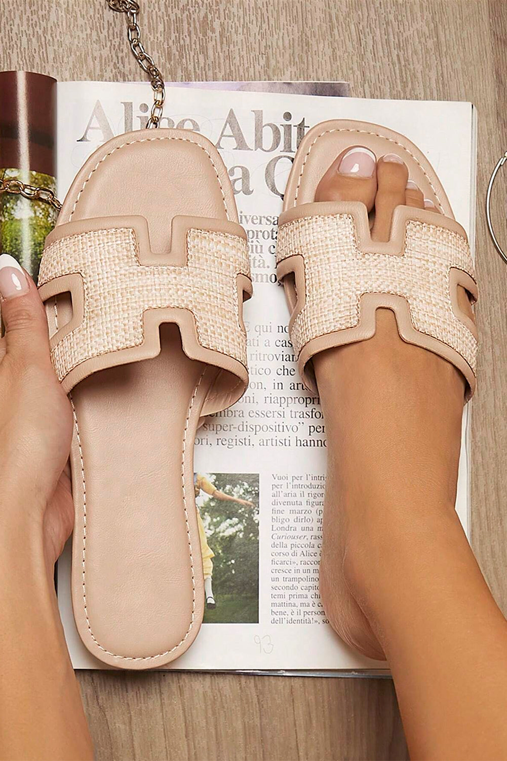 Coffee Faux Raffia Detail Hollowed Open Toe Slippers
