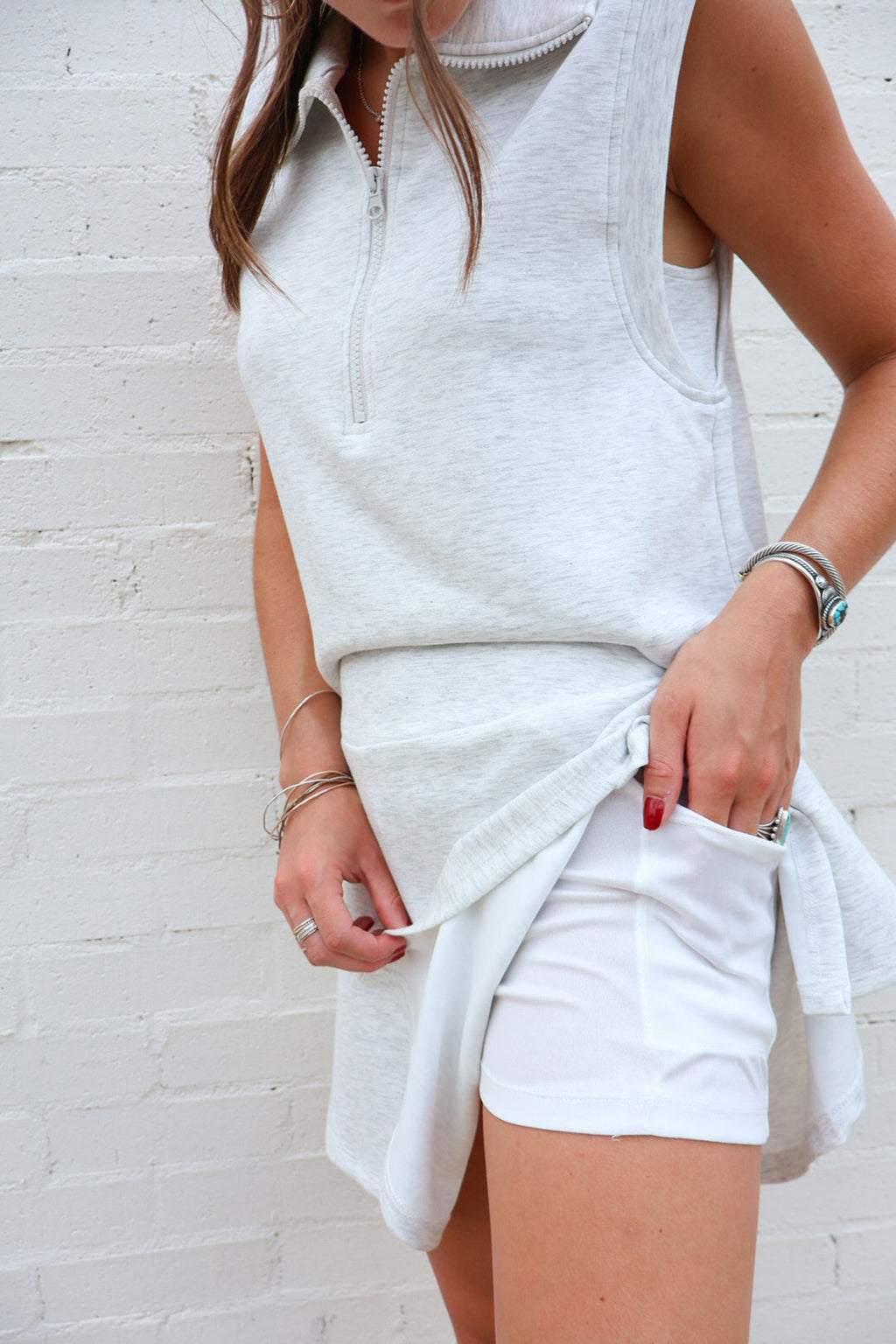 Light Grey Solid Color Sleeveless Zipper Tank and Skort Set