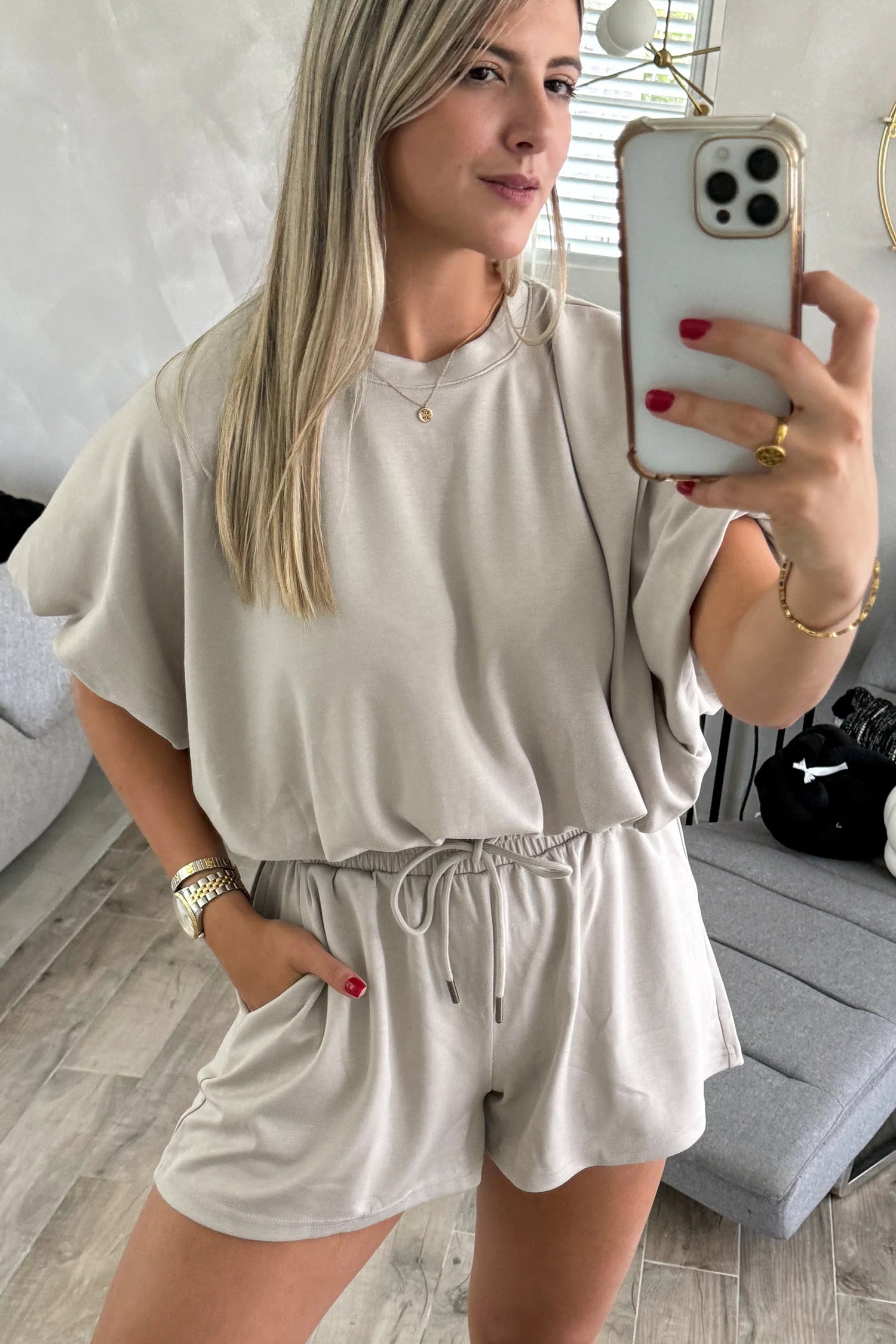 Smoke Gray Solid Color Puffy Loose Top Drawstring Shorts 2pcs Outfit