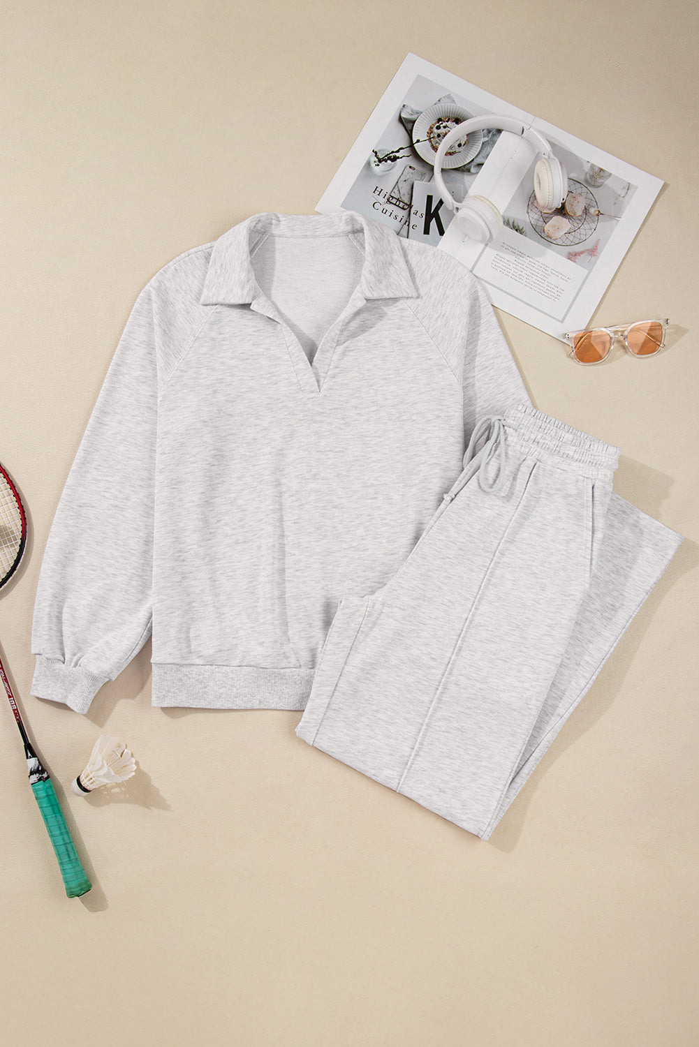 Dark Khaki Polo Collar V Neck Pullover and Drawstring Sweatpants Set